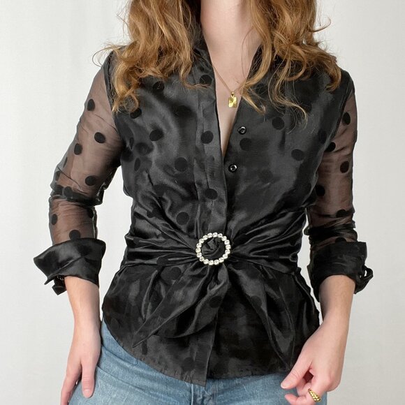 Vintage French Parisian Sheer Mesh Blouse Polkadot Formal Fancy Cocktail Party - Picture 3 of 6